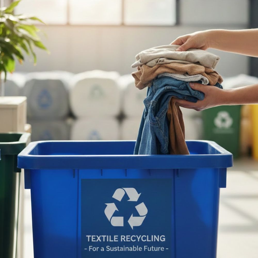 slanga-klader-skrapbilen Person lägger gamla kläder i återvinningsbehållare för textilier