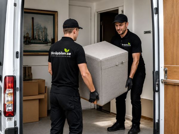 Flyttpersonal bär en flyttkartong från bostad till flyttbil vid professionell flytthjälp i Skåne.