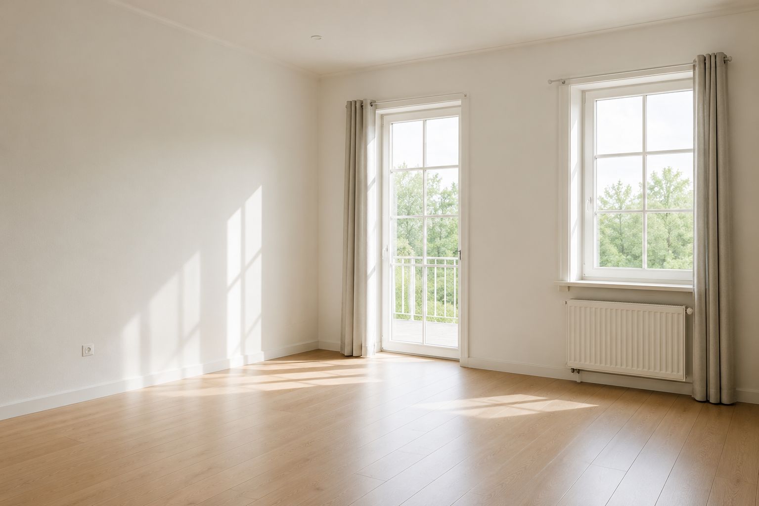 Rent och tomt rum efter utförd flyttstädning med rengjorda golv, fönster och ytor.