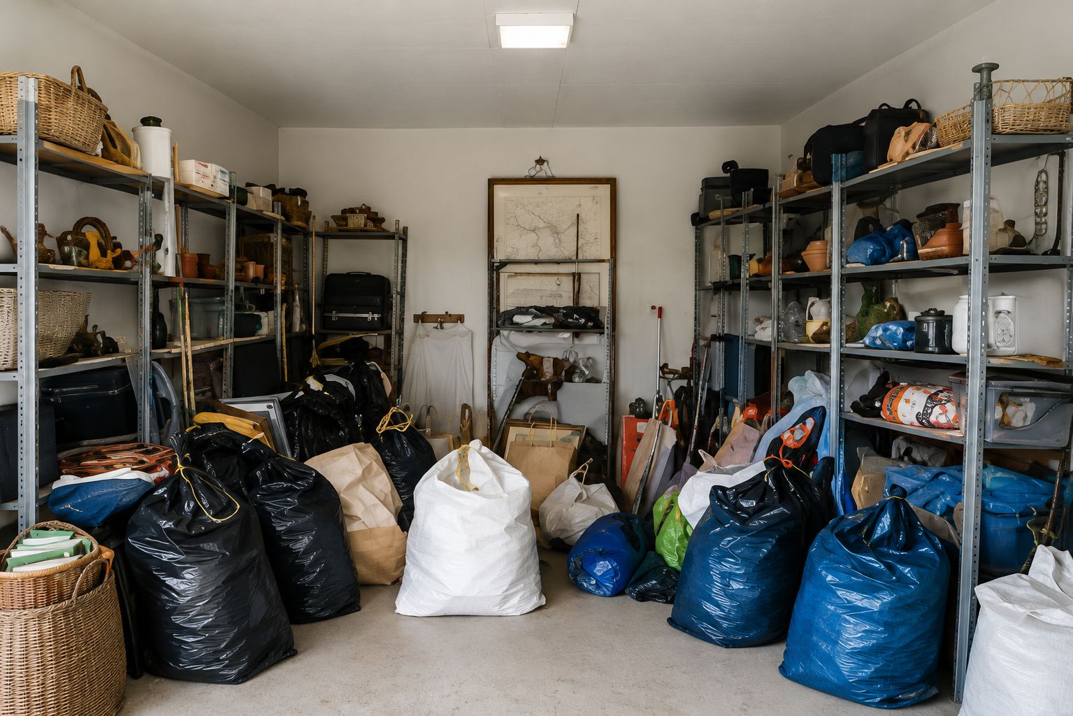 Garage med verktyg, hyllor och utrustning som ska grovstädas och organiseras.