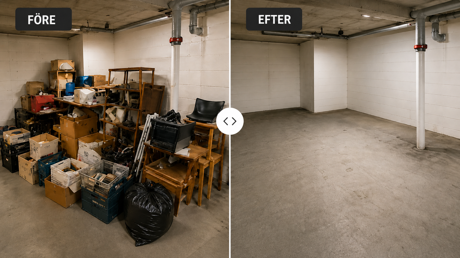 Källare före och efter professionell tömning